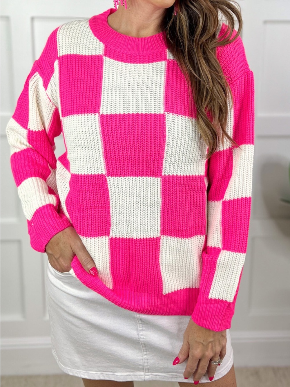Checkerboard Crewneck Sweater in Hot Pink & Cream